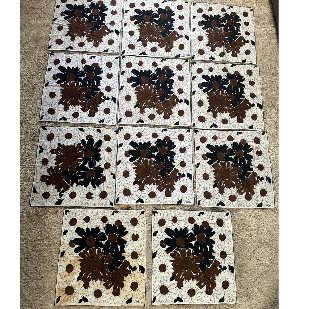 Vera Newman Napkins Set of 11 Floral daisies 16” Cotton brown white Mcm retro